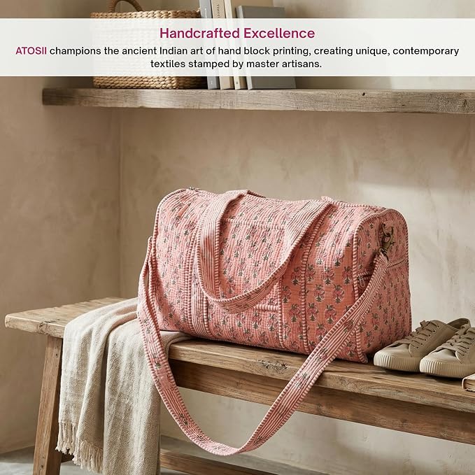 ATOSII Large Duffle Bag, Handblock Print 100% Quilted Cotton for Overnight Trip, Travel Weekender, Luggage, 2 Pockets with Zipper 1 Front Pocket, Detachable Long Strap, 20 X 10 X 12 Inches, Peach Aura - Image 6