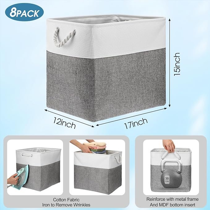 meekoo 8 Pack Collapsible Storage Bins Fabric Storage Bins Polyester Fabric Baskets with Handles Linen Closet Organizer for Shelf Home Closet Towels Toys(17 x 12 x 15 in,Gray White) - Image 3