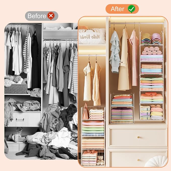 Yuyetuyo 6 Tier Raised-Height Hanging Closet Organizer, Stackable Sweater Organizer for Closet, Wire Storage Basket Bins for Clothes Purse Shoes, Hanging Shelves with 4 Hooks & 3 Dividers Adjustable - Image 9