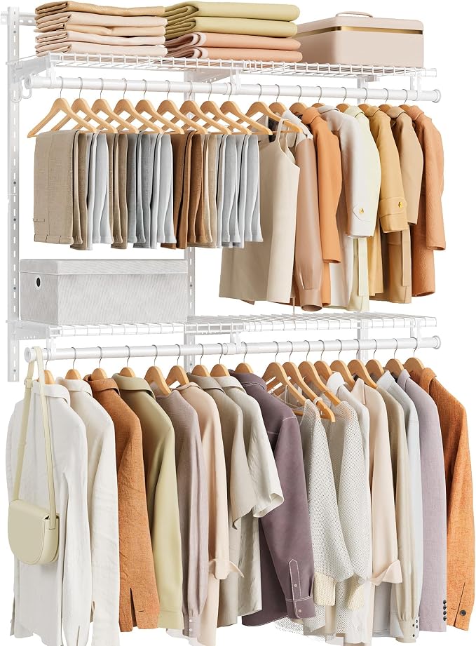 SONGMICS HOME Closet System, Closet Insert Organizer, 3-6 ft Closet Shelves | Adjustable Metal Shelving Unit, 2 Hanging Rods, 4 Shelves, Hooks, Pearl White and Cloud White, PATRIA Collection URGR031W01 by SONGMICSHOME