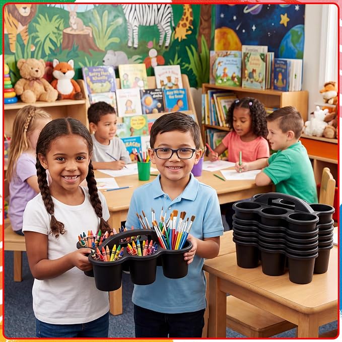 12 Pack Classroom Caddy Organizer with Handle 6 Compartment,Black | Plastic Drink Cup Caddy Holder, Portable Storage Bin, for Pencil, Glue Stick, Crayons, Marker, Table, Office, School Supplies - Image 4