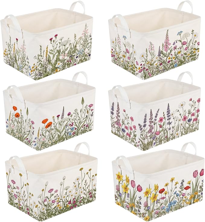CHENGU 6 Pack Flower Storage Bins Collapsible Wildflower Baskets with Handles Large Multicolored Flower Basket Farmhouse Foldable Organizers Rustic Summer Home Decor for Spring Bedroom Office Home by CHENGU