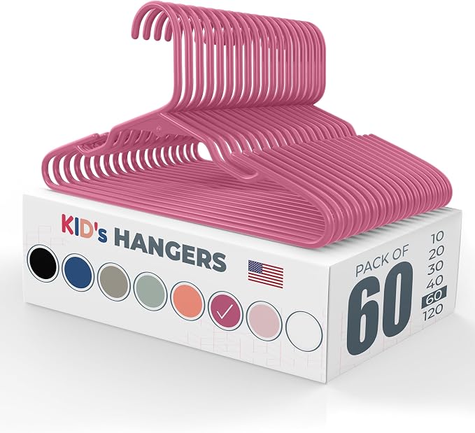 60pk Made in USA Baby Hangers | Kids Hangers for Children's Clothes, Toddler Outfits and Clothing | 20 50 100 Pack Available | Kid Plastic Hanger for Closet and Nursery | Child Kid Hangars (Pink) by NeatiesHangers