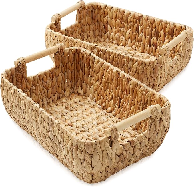 Casafield Set of 2 Water Hyacinth Oval Storage Baskets with Wooden Handles - Medium, Woven Bin Organizers - Image 2