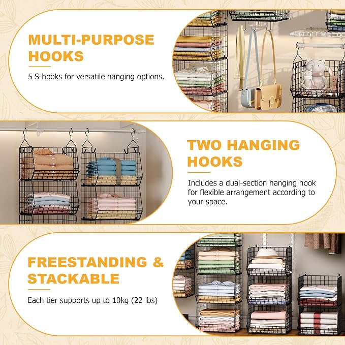 X-cosrack 3-Tier Hanging Closet Organizer, Laundry Room Organization | Space Saving Shelves with 1.65" Hook & 5 S-Hooks | Hanging Wire Baskets (12.4" W x 8.8" H x 10.24-11.8" D) - Image 8