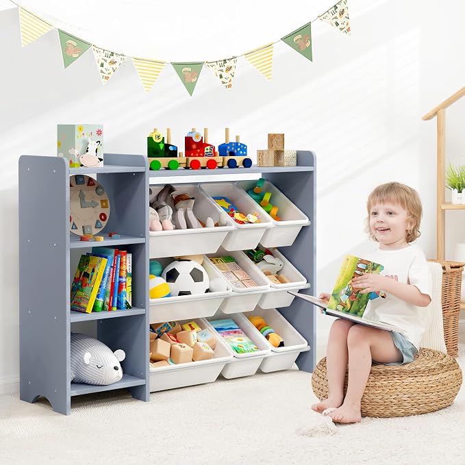 MallBest Kids Toy Storage Organizer with Bins, Solid Pine Wood Frame Toy Storage Cabinet and Kids Bookshelf, 3-Tier Playroom Organizer for Kids Room, Nursery and Bedroom,Grey-Single - Image 2
