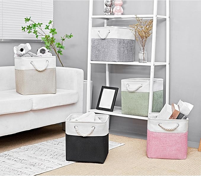 Fabric Storage Cubes 13 x 13, Collapsible Storage Bins for Shelf Baskets, Cube Storage Organizer White Beige Bins with Cotton Handles,Foldable Storage Bin box,Cube Storage Bin 6 Pack - Image 4