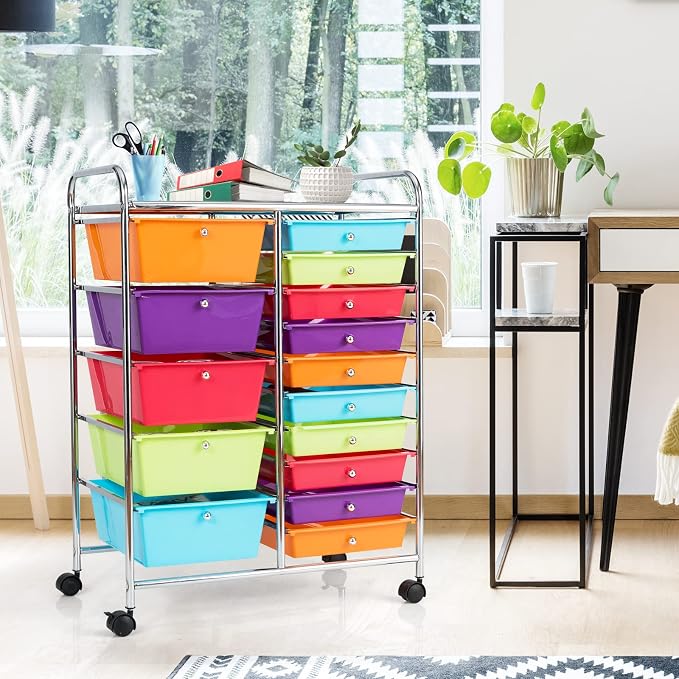 COSTWAY 15 Drawer Rolling Storage Cart, Mobile Storage Organizer | Removable Drawers & Metal Frame, Multipurpose Utility Tools Paper Organizer on Wheels for Home, Office (Multi-color) - Image 2