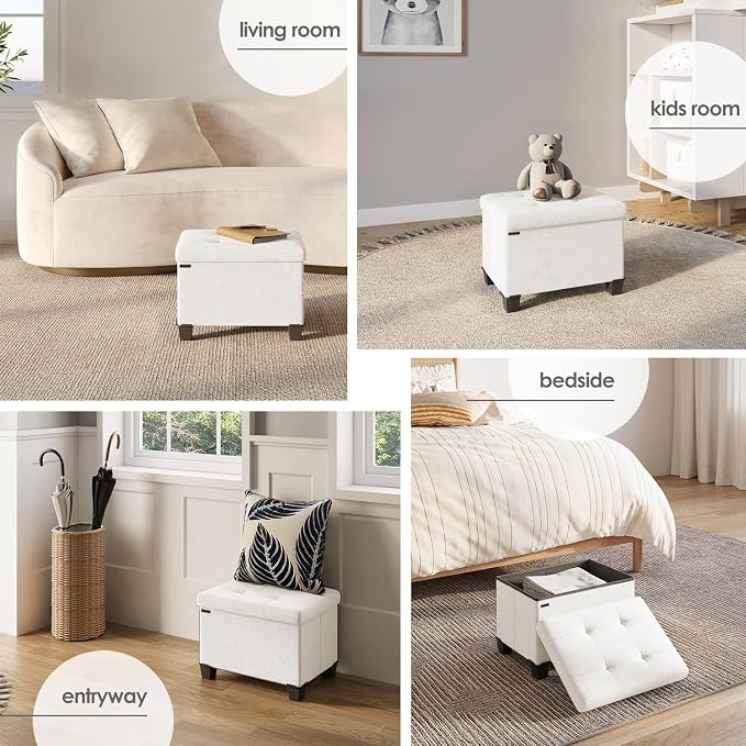 Storage Ottoman Cube with Small Bin, 16-in Square Ottoman with Storage for Living Room and Bedroom, Small Ottomans Foot Rest, Velvet Foot Stools Ottomans Max 330lbs, Cream - Image 4