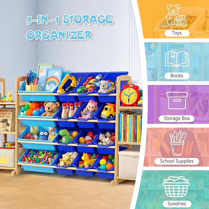 Kids Toy Storage Organizer with Bookshelf – Wooden Shelf with 16 Bins & 6 Shelves, Quick Assembly Storage Rack for Playroom, Bedroom, Nursery - Blue - Image 6