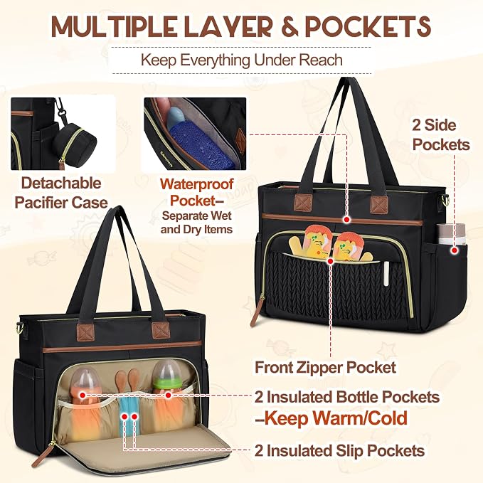 RAINSMORE Diaper Bag Tote, Large Diaper Baby Bag Waterproof Multifunctional Diaper Bag with Pacifier Case & Changing Pad - Image 5