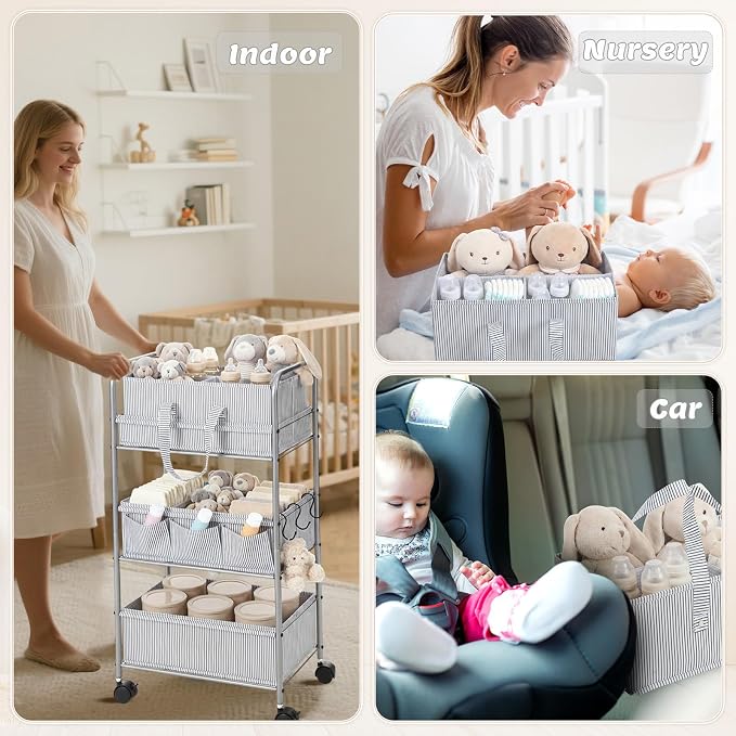WILLBOND 2 in 1 Baby Diaper Caddy Organizer Cart, 3 Tier Large Stripe Bedside Rolling Cart Metal for Baby Essential with Divider for Newborn Registry Must Have Nursery Bedroom Mother Gift(Gray) - Image 4