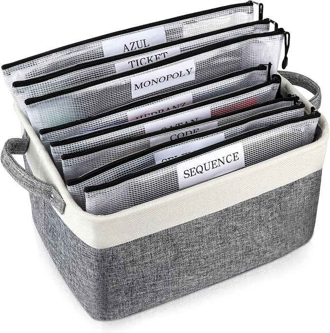 Board Game Storage Kit Include Storage Basket and 10pcs Zipper Bags, Board Game Organizer with Writable Stickers and Dispensing, Suitable for Puzzle Storage, Toys, Document (1 Pack-Grey) by LuKeline