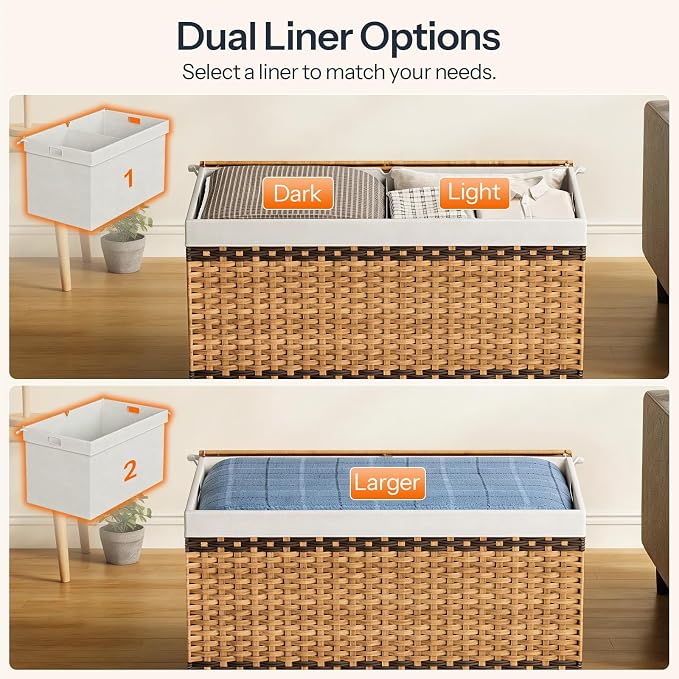 HOOBRO Storage Basket with Lid, 52.8 Gallon (200L) Wicker Storage Basket with 2 Separate Lid, Blanket Storage Bin with 2 Removable Liner Bags, for Bedroom, Laundry, Natural and Brown NL277CW01 - Image 4