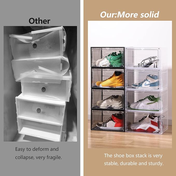 Attelite Large Shoe Boxes 8 Pack Drop Side Shoe Storage Containers Black | Stackable Shoe Box for Sneakers, Fit up to Men's Size 12, Tool-free Assembly, Thicken & Sturdy Plastic, Magnetic Door - Image 7