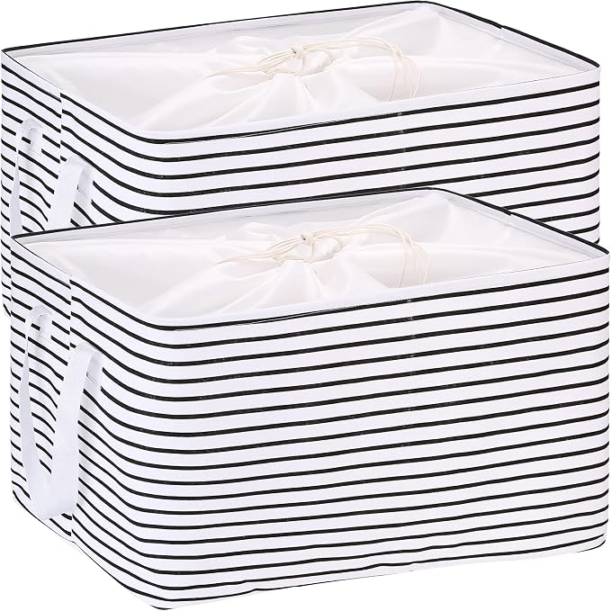 Hinwo 102L XXL Canvas Storage Bin with Lid and Handles, 2-Pack | Collapsible Fabric Baskets, Closet Shelf Organizers, Containers for Clothing, Blankets, Toys, Bedding (Black Stripe) by Hinwo