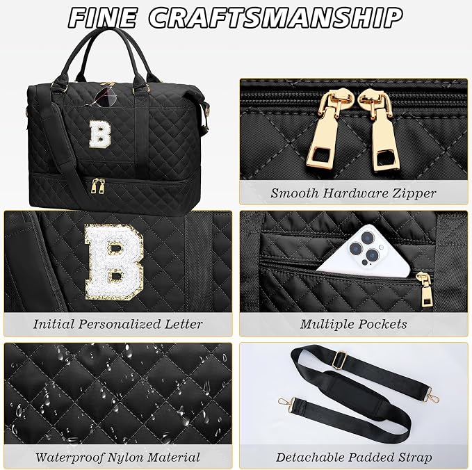 Birthday Girls Duffel Initial Travel Overnight Bag(Black,B) | Women Gifts-Travel Weekend Bags-Overnight Bags for Women with Shoe Compartment - Image 6