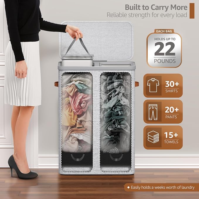 Sorbus Laundry Hamper with Lid - Collapsible 2-Compartment Fabric Laundry Basket with Handles and Removable Laundry Bag – 45 Gallon (170 L) Dirty Clothes Hamper for Bedroom, bathroom and dorm (Gray) - Image 4