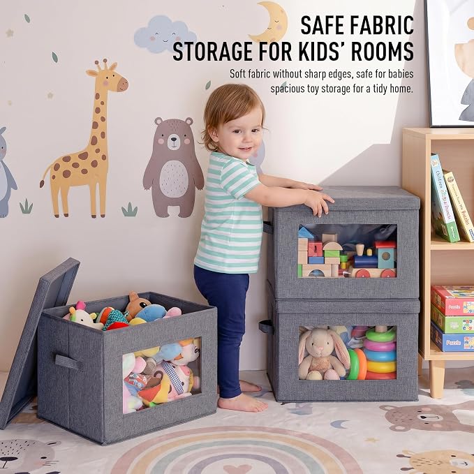 4-Pack Large Storage Bins with Lids & Clear Window, Foldable Fabric Closet Organizer Boxes, Stackable Cube Baskets with Soft Handles for Clothes & Blankets, 17”, Grey - Image 5