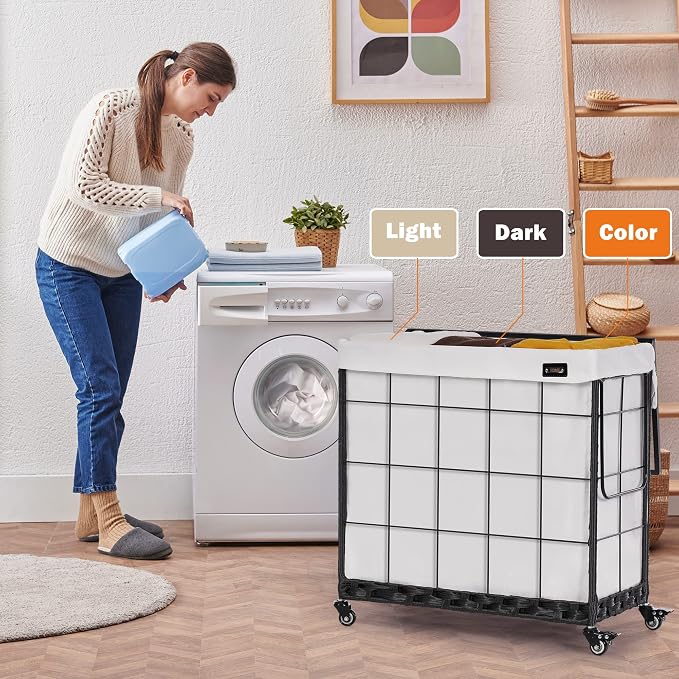 132L Laundry Hamper with Lid, 3-Section Laundry Basket with Rolling Wheels | 3 Laundry Compartments; Lockable Rubber Casters; Adjustable Metal Handle; Reinforced Steel Frame; Machine-Washable Liner Bag - Image 3