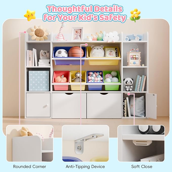 Xilingol Kids Storage Organizer W/6 Removable Bins, 4-Tier Organizers W/6 Storage Cubbies and 2 Movable Drawers, Kid Bookshelf and Storage for Playroom, Bedroom, Kids Room (Multicolor) - Image 6