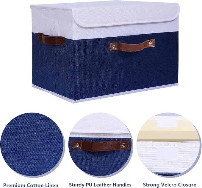 ANMINY Fabric Storage Box Bins with Lids, Blue White, 15"x10"x10", 4 Pack | Keepsake Memory Storage, Cotton Linen, PP Board Reinforced, Washable, PU Handles, Foldable & Stackable, Decorative, Large - Image 4
