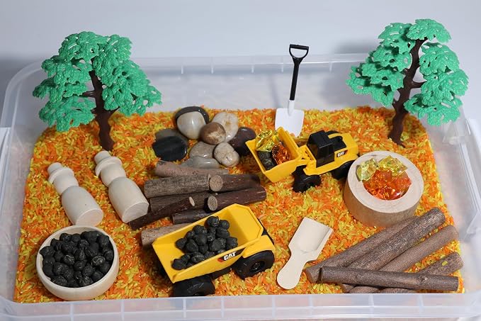 Construction Sensory Bin Kit for Kids | Taste-Safe Rice, Realistic Rocks & Logs, Wooden Tools & Vehicles – Includes Storage Bin – Montessori-Inspired Sensory Play - Image 5