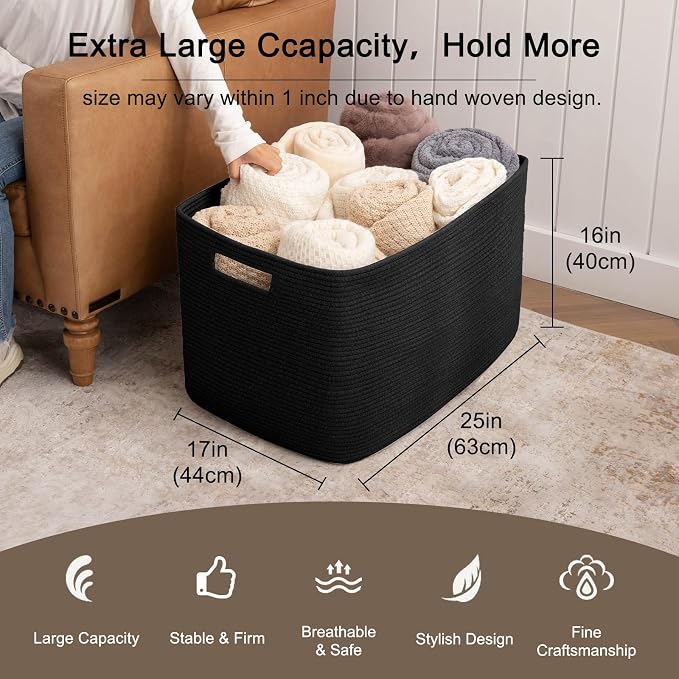 OIAHOMY 118L XXXLarge Cotton Rope Storage Basket, Oversized Blanket Basket, Used for Organizing Dirty Clothes in Living Room, Bedroom, Nursery, Dog Toy Storage Bins, 25" x 17" x 16",Black - Image 3