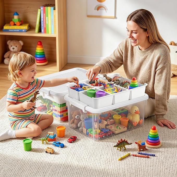 Citylife 17QT 2-Pack Toy Organizer Craft Storage Buildable Lid Movable Tray | Plastic Craft Organizers and Storage with Build-On Lid for Beads, Tools, Sewing Supplies, Deep Base, Secure Clasp, kids Toy - Image 4