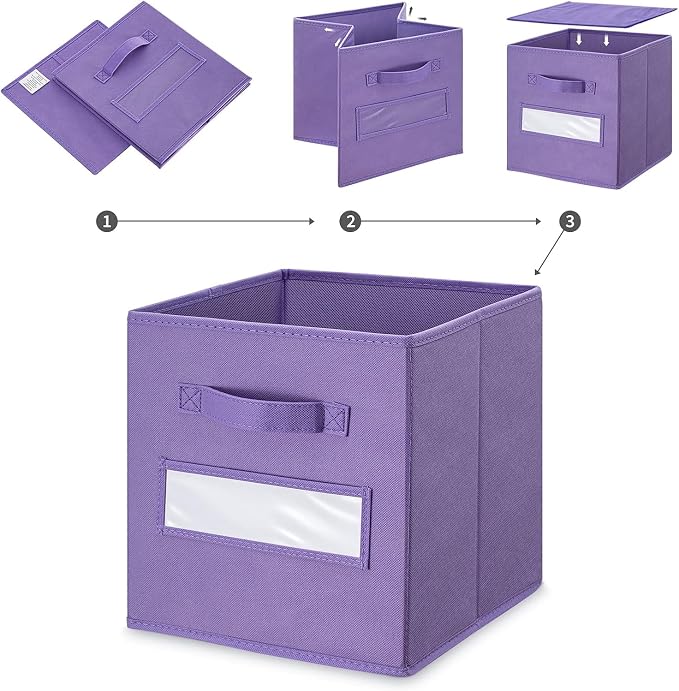 Fabric storage cubes (Set of 8) 11 Inch Cube Storage Bin, Cube storage with 8 Labels Window Cards & a Pen, Foldable cube organizer bins,11x11 Storage bin, Cubby Organizer Boxes, Purple - Image 4