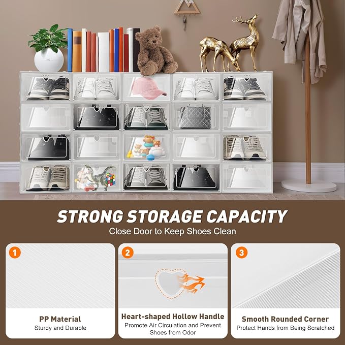 20 Pack Shoe Organizer for Entryway Closet, Clear Plastic | Need Assemble, Shoe Storage Boxes Fit up to Size 11/12 - Image 2