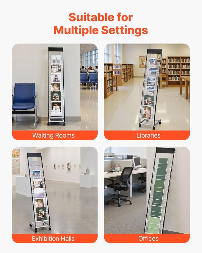 VEVOR Brochure Display Rack, Narrow 6-Tier Magazine Literature Display Stand with Wheels, Metal Floor Standing Magazine Rack, Movable Newspaper Catalog Holders for Shop Exhibitions Office (6 Pockets) - Image 6