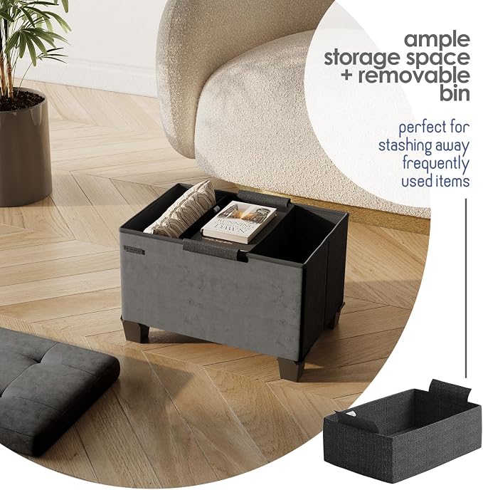 Storage Ottoman Cube with Small Bin, 16-in Square Ottoman with Storage for Living Room and Bedroom, Small Ottomans Foot Rest, Velvet Foot Stools Ottomans Max 330lbs, Grey - Image 3