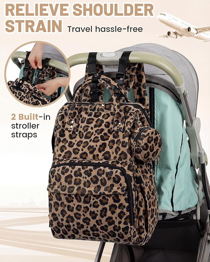 Corduroy Diaper Bag Backpack, Large Capacity Multifunction Baby Diaper Bags for Women, Insulated Bottle Pockets & Pacifier Case, Stylish Travel Nappy Changing Bags for Mom Dad (Leopard Brown) - Image 7