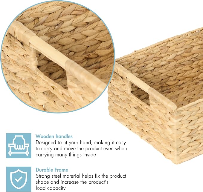 VATIMA Extra Large Wicker Basket Rectangular with Wooden Handles for Shelves, Water Hyacinth Basket Storage, Natural Baskets for Organizing, Wicker Baskets for Storage 16.7"x12.4"x7" - Image 3