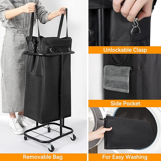 WOWLIVE 100L Rolling Laundry Basket with Wheels, Tall Laundry Hamper | Laundry Cart with Steel Frame and Removable Bag, Foldable Dirty Clothes Hamper for College Dorm, Laundry Storage, Black - Image 5