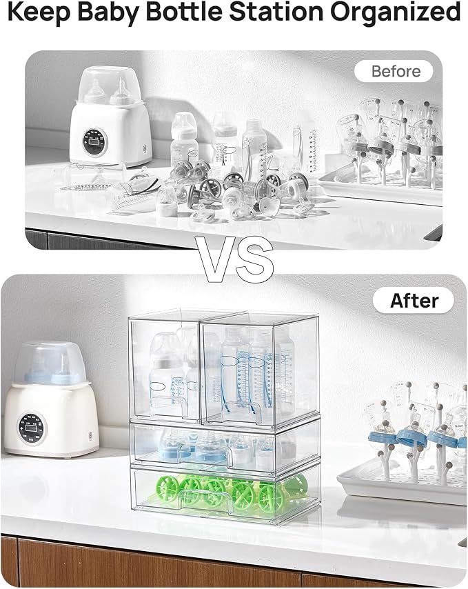 Vtopmart Clear Stackable Storage Drawers Set of 4, Baby Bottle Organizer | Plastic Organizer Bins for Makeup, Cosmetics, Beauty Supplies,Ideal for Vanity, Bathroom,Cabinet,Pantry Organization - Image 4