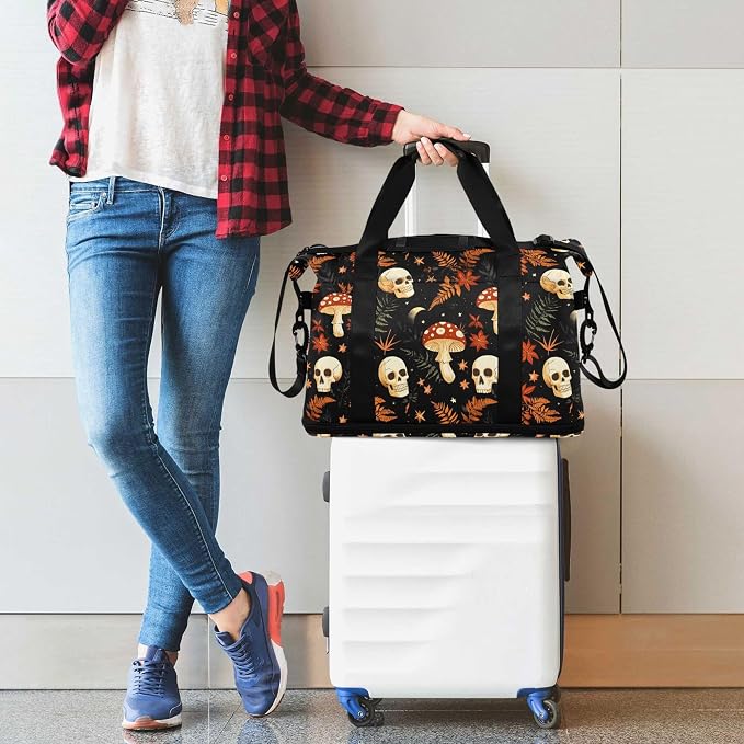 Travel Duffel Tote Bag Mushrooms Skull Sports Duffel Bag with Wet Pocket Weekender Overnight Bag for Women Men Gym Bag, Carry On Bag Hospital Bag for Labor and Delivery - Image 3