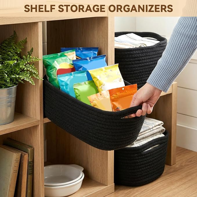 10 Pack Black Small Woven Baskets for Organizing, 11.5"x7.5"x4.7" Cotton Rope Storage Bins, Sleek Empty Gift Baskets for Modern Home, Office, Bathroom Shelf & Closet Organization - Image 6