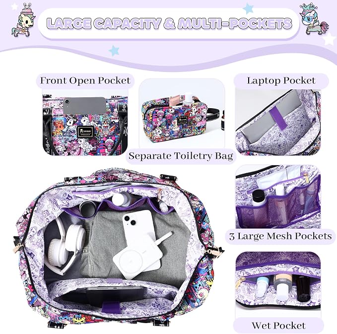 tokidoki Travel Duffle Bag, Weekender with Shoe Compartment Toiletry Bag | many compartments: laptop sleeve, wet-dry pocket, trolley sleeve. Includes toiletry bag. Carry-on. - Image 4