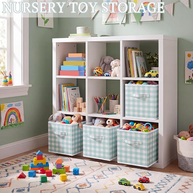 Yalikop 6 Pcs Green Gingham Cube Storage Bins, 11 Inch Fabric Checkered Classroom Storage Bins Organizer with Handle Preppy Collapsible Cubby Basket for Classroom Home Nursery Playroom Bedroom - Image 4