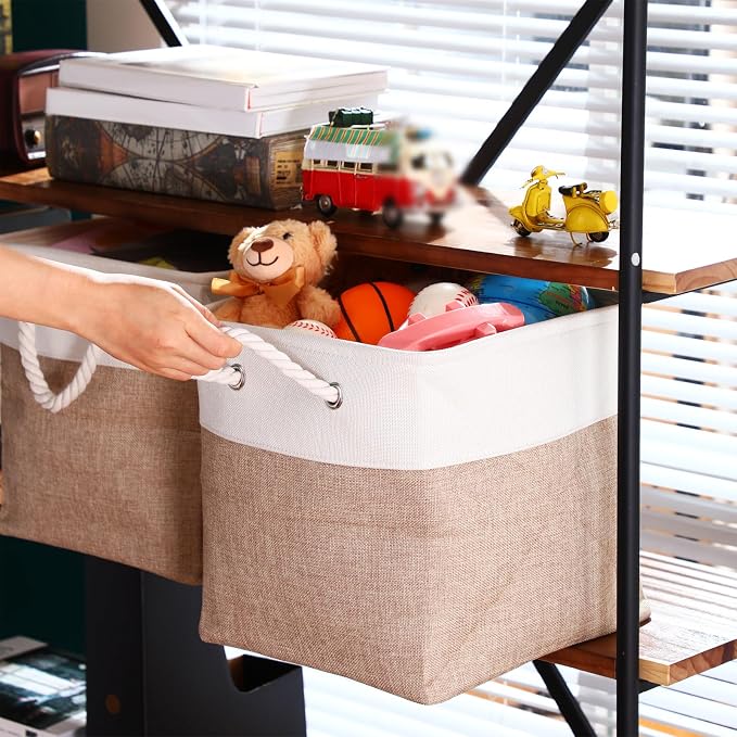 FoldTier 10 Pack Large Collapsible Fabric Storage Baskets with Handles Decorative Storage Bins for Organizing Shelves Toys Clothes(White & Beige,12 x 12 x 12 Inches) - Image 5