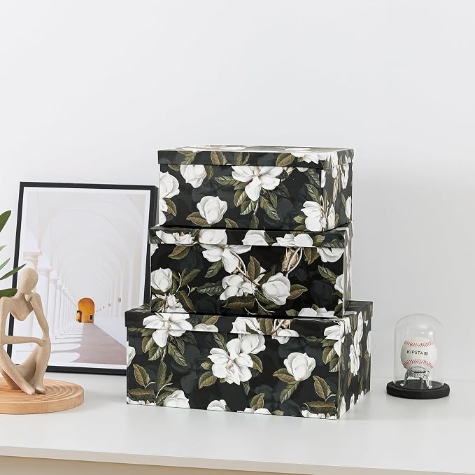 Soul & Lane - Midnight Gardenia Decorative Boxes with Lids, Set of 3, Black | Large Nesting Paperboard Storage Boxes for Keepsakes, Photos and Gifts, Dramatic Dark Green Floral Design Containers - Image 3