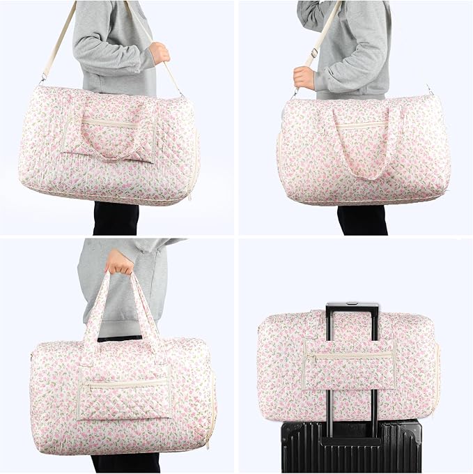 Quilted Floral Duffel Bag 2 Pack Weekender with Shoe Compartment | Women’s Overnight Hospital Bag for Labor Delivery, Travel Carry On Duffel with Toiletry Pouch for Gym & Weekend Getaway - Image 5