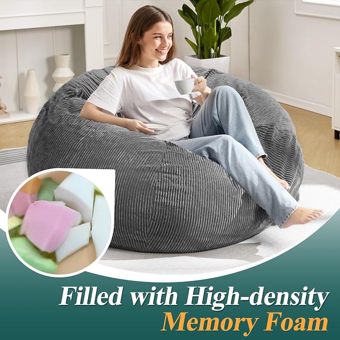 4FT Bean Bag Chair for Adults,Large Teardrop Beanbag with Filler | Beanbag Chair with Memory Foam Filled,Bean Bags with Handy Handle&Machine Washable Cover for Living Room,Bedroom-Grey - Image 4