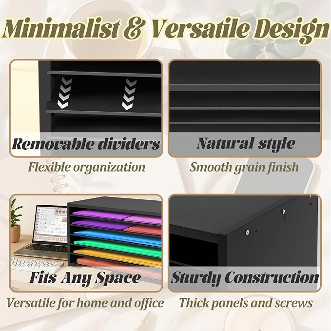 Construction Paper Organizer 20" x 13.5" x12.2",Soild Wooden Paper Organizer with 6-Tier Letter Trays, Desktop File Papers Sorter for Home, Classroom and Office (Black) - Image 3