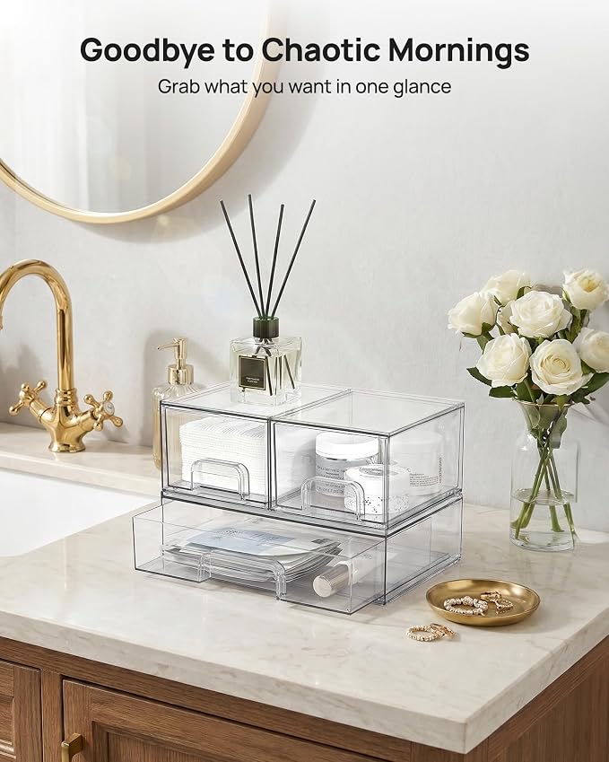 Vtopmart Clear Stackable Storage Drawers Set of 5, Plastic Organizer Bins | Multi-purpose Boxes for Makeup, Beauty Supplies, Ideal for Vanity, Bathroom Countertop, Undersink, Cabinet Organization - Image 3