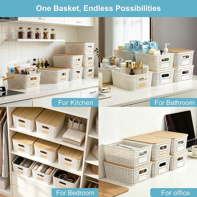 Small Plastic Storage Bins with Bamboo Lids 5.2qt Stackable Box Basket Pantry Decorative Containers Cute with Labels for Organizing Desktop Closet Office Cream White of 6 packs 10*7.2*4.1" - Image 5