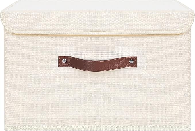 ANMINY Fabric Storage Box Bins with Lids, Beige, 15"x10"x10" | Keepsake Memory Storage, Cotton Linen, PP Board Reinforced, Washable, PU Handles, Foldable & Stackable, Decorative, Large - Image 2