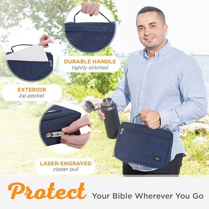 Christian Art Gifts Polyester Bible Cover for Men & Women w/Jesus Fish Patch, Zipper Pocket, Pen Loops, Easy Carry Book Case for Stationery, Accessories, Navy Blue, Small - Image 5